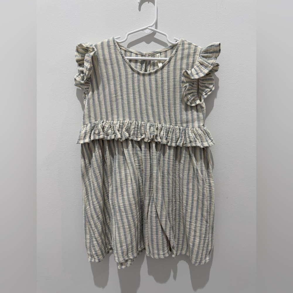 Rylee + Cru Blue and Cream Striped Ruffle Dress
